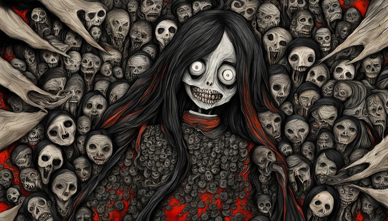 Creepy Asian Doll Girl in Charcoal Style