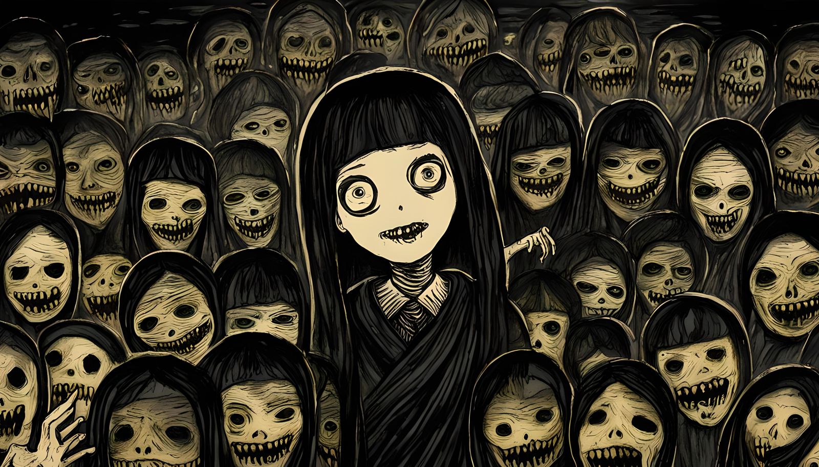 Creepy Asian Doll in Charcoal Drawing Style