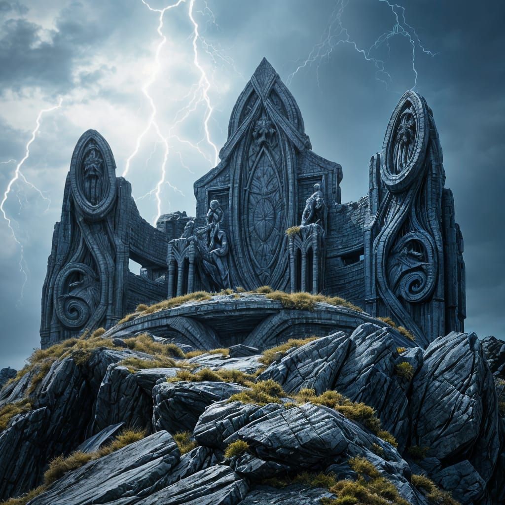 Majestic Weathered Throne Carved from Living Stone in Epic S...