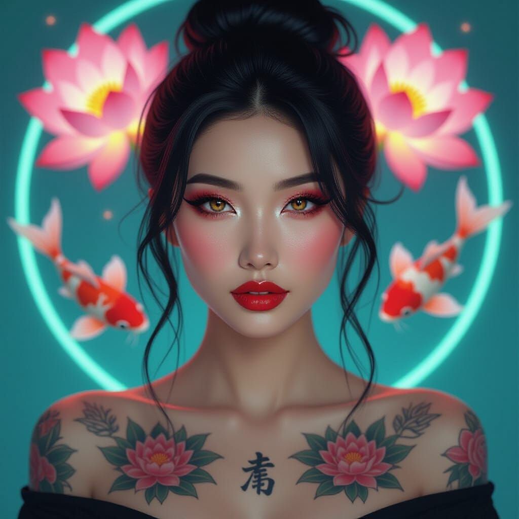 Vietnamese Woman with Neon Lotus Flowers in Cyberpunk Style