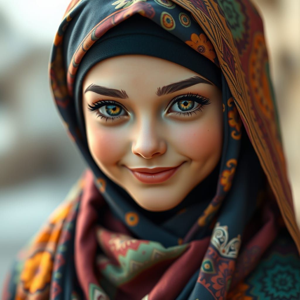 Adorable Hijab Woman in Vibrant Digital Art