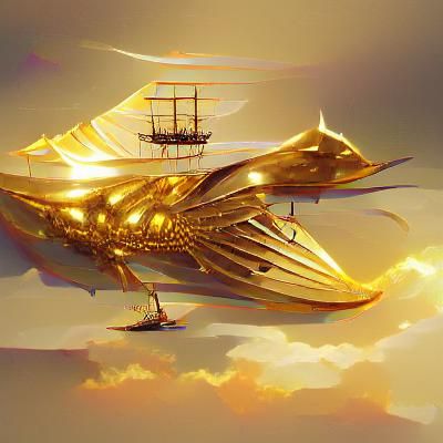 Golden Winged Ship Soaring Through Clouds