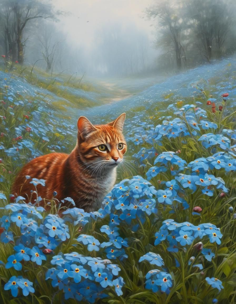 Hyperdetailed Red Cat in Forget-Me-Not Meadow