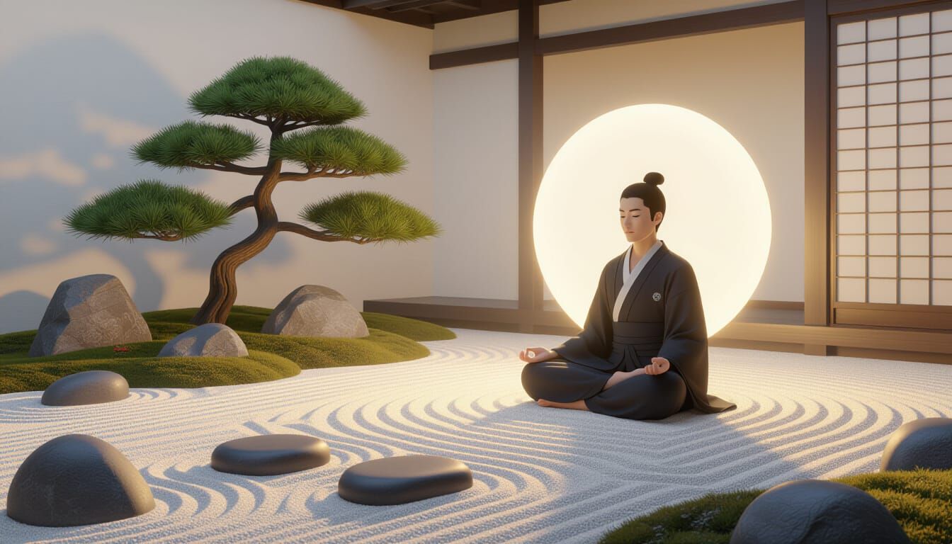 Meditating Figure in Serene Zen Garden Aura