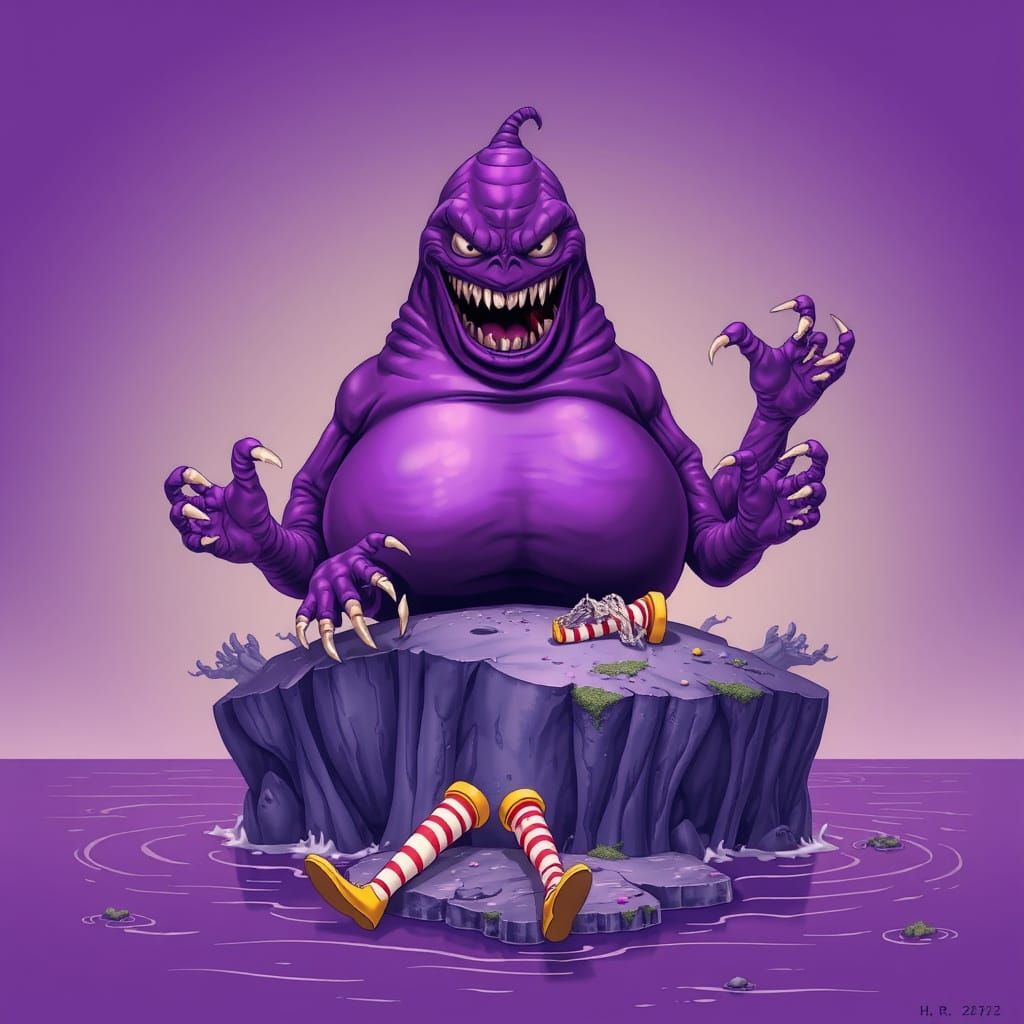 A purple island with Evil Grimace, the beanbag-shaped purple four-armed monster, smiling menacingly and trying to eat Ro...