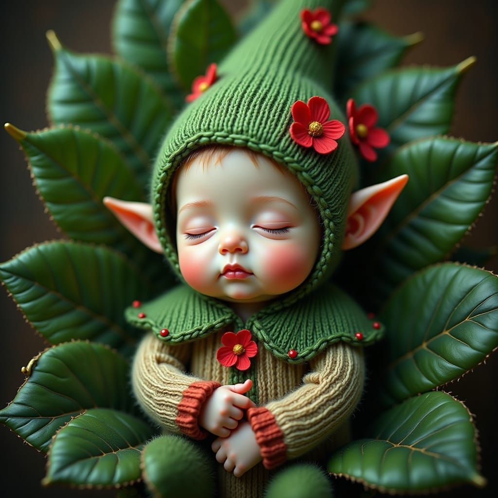 Sleeping Baby Elf in Leafy Outfit: Fantasy Art