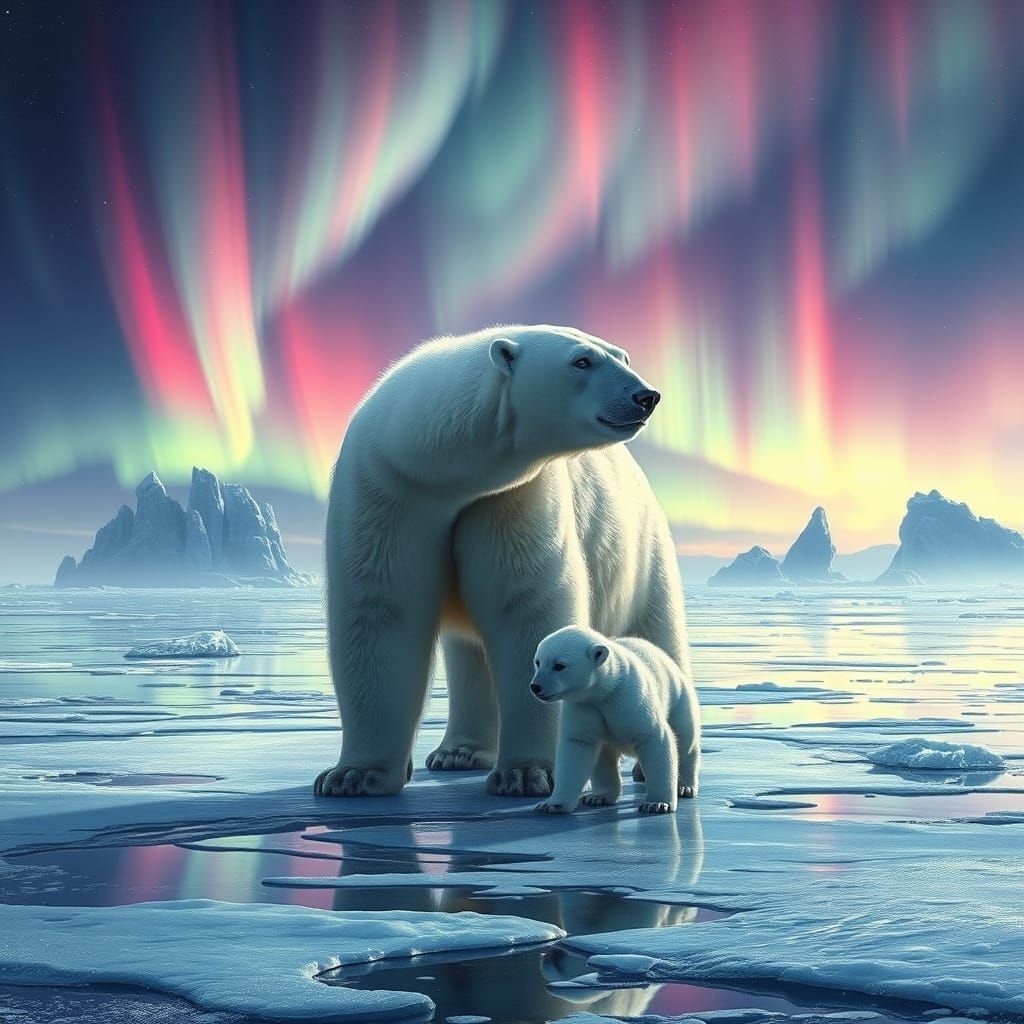 Polar Bears Under Aurora Borealis in Hyperrealistic Style