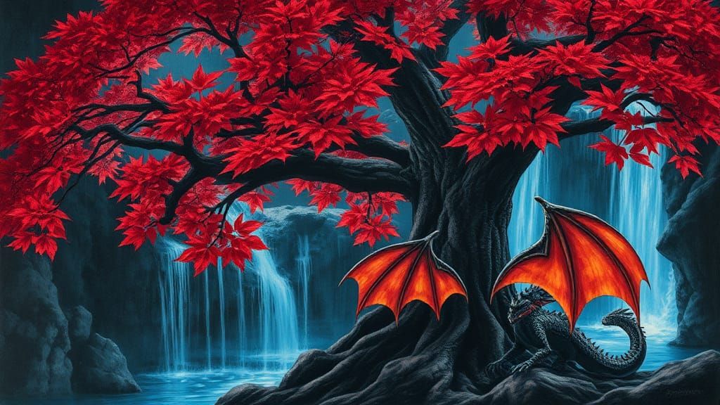 Ancient Tree and Dragon Near Neon Waterfall