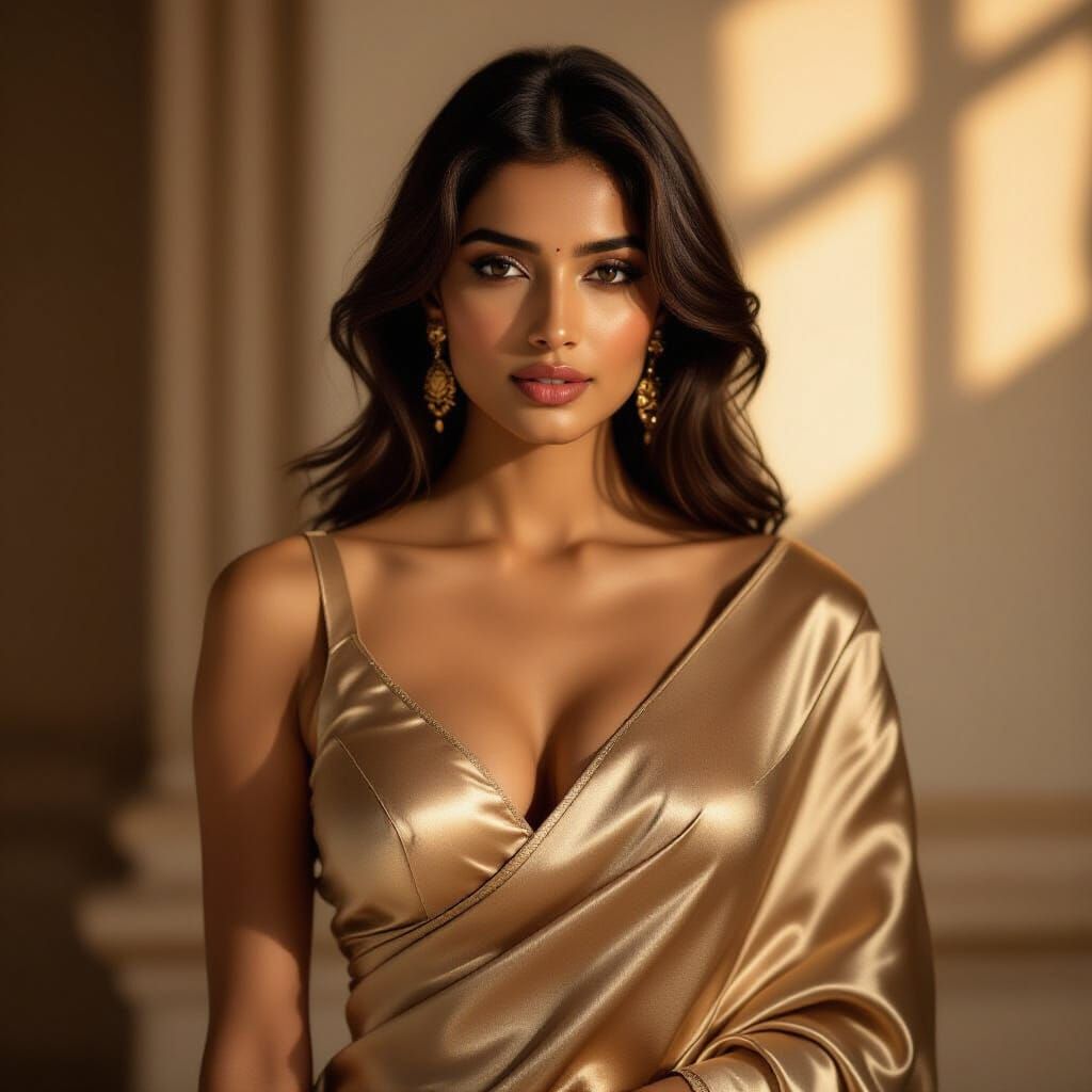 Indian Woman in Satin Saree with Deep V-Neck Blouse