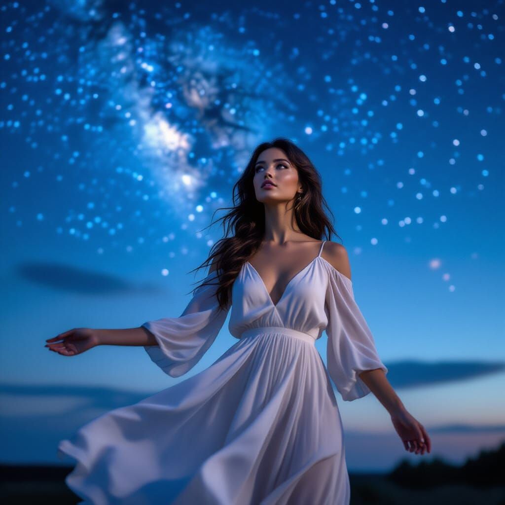 Dreamy Woman Reaching for Starry Night Sky