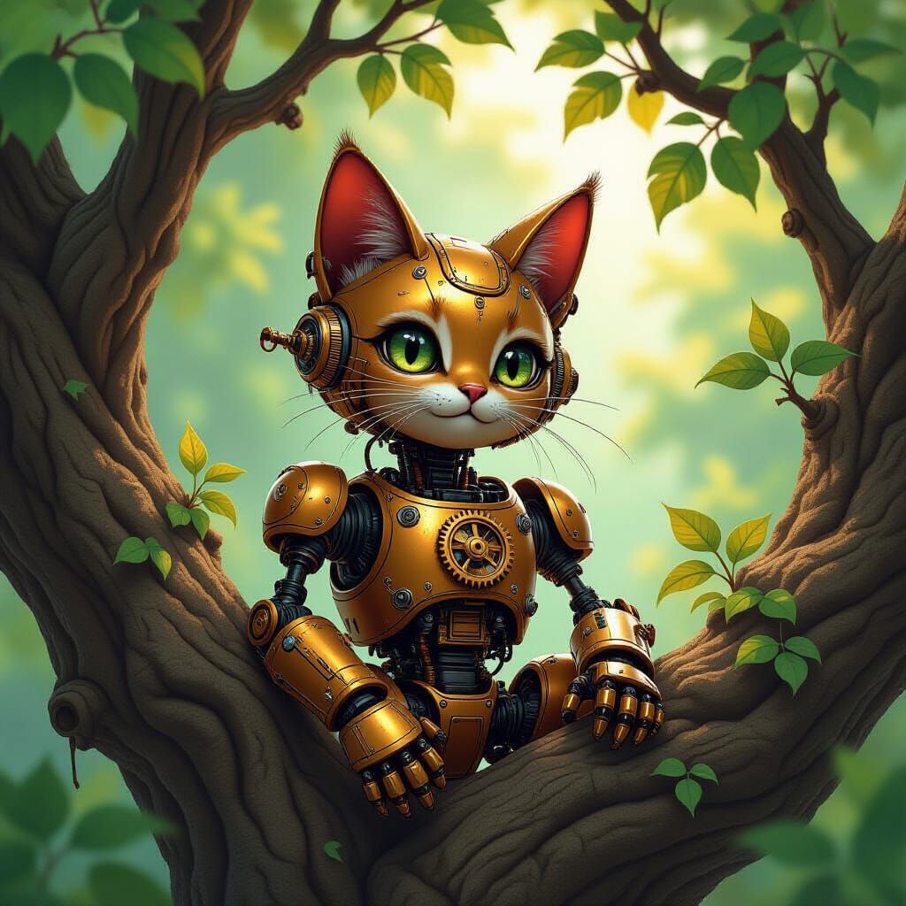 Steampunk Robot Cat in a Gnarled Tree