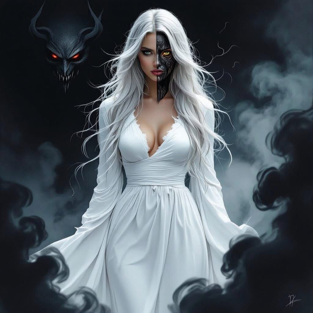 Woman in White Dress Amidst Black Smoke, Face Transforming