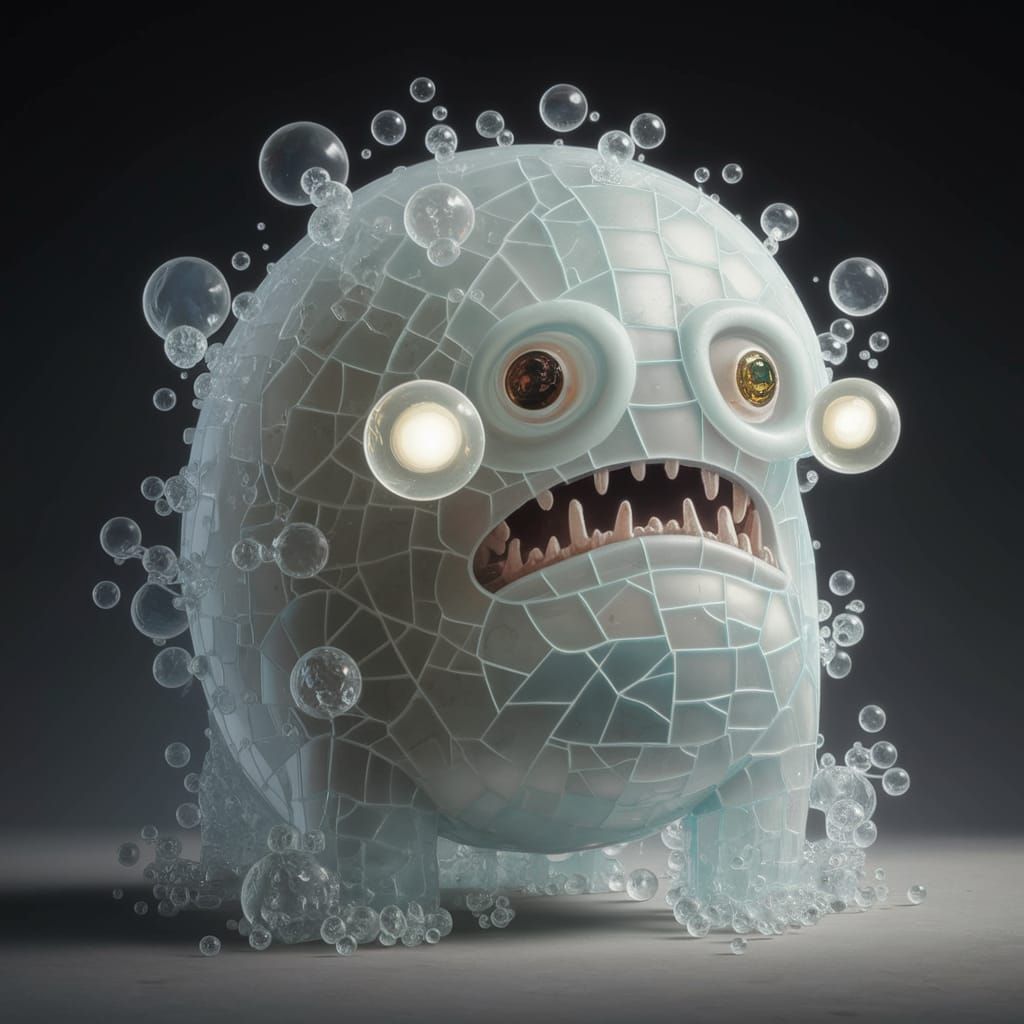 A ghostly, semi-transparent monster made from frosted glass tiles with a hollow, ethereal body