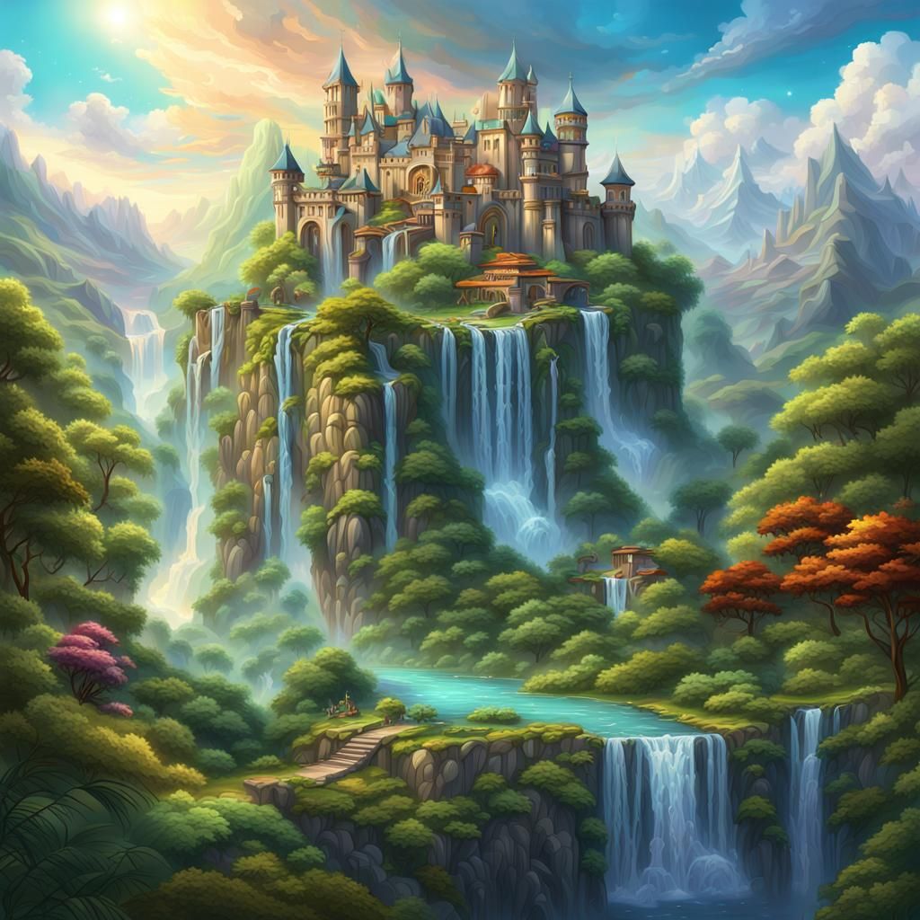 Epic Fantasy Castle Amidst Lush Greenery