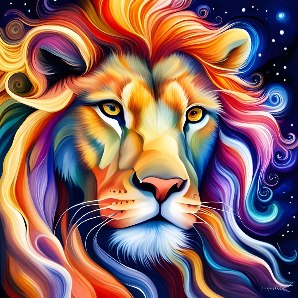 Starry Galaxy Lion in Watercolor Fractal Style