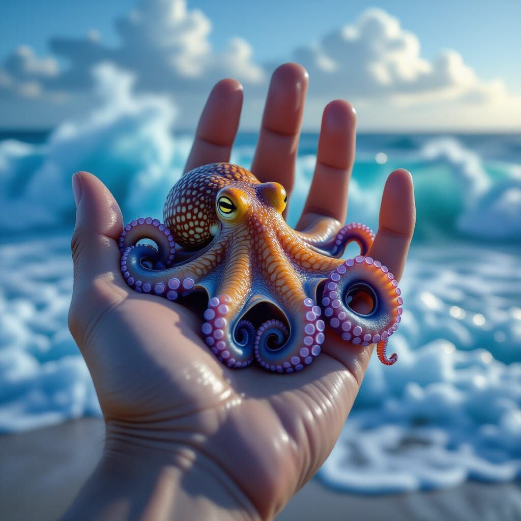 Giant Hand Holds Blue-Ringed Octopus by Ocean Waves