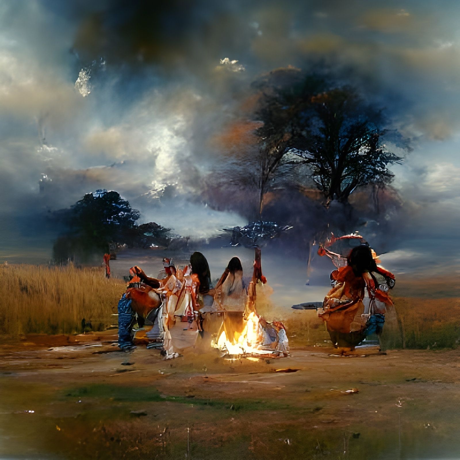 Native Americans Dancing Around Fire as Oil Painting