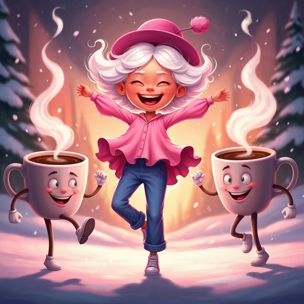 Joyful Child Dances with Smiling Coffee Mugs in Winter Scene