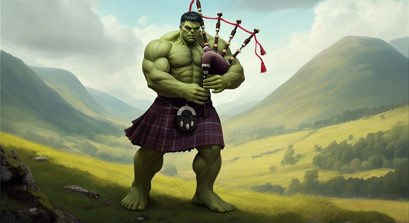 Hulk in Kilt Playing Bagpipes on Scottish Hill