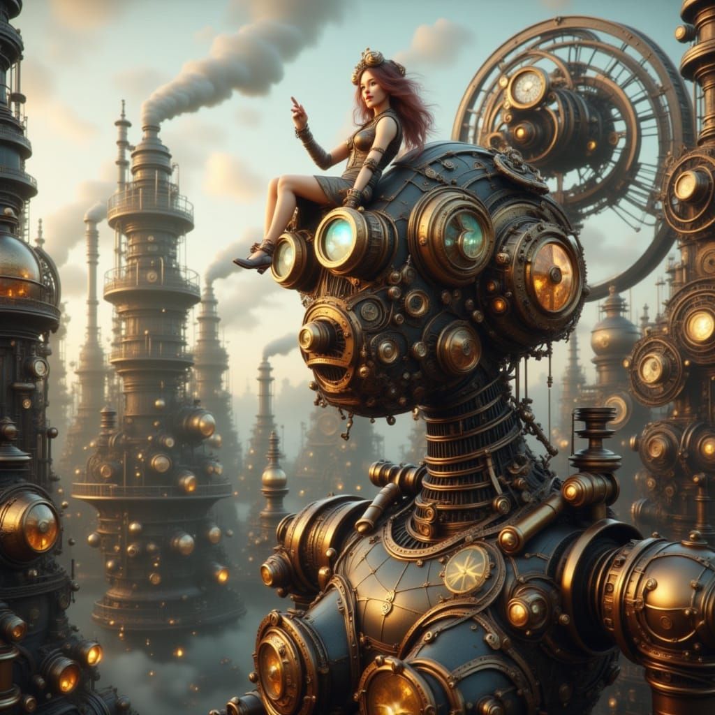 Steampunk Woman Atop Robot in Cityscape