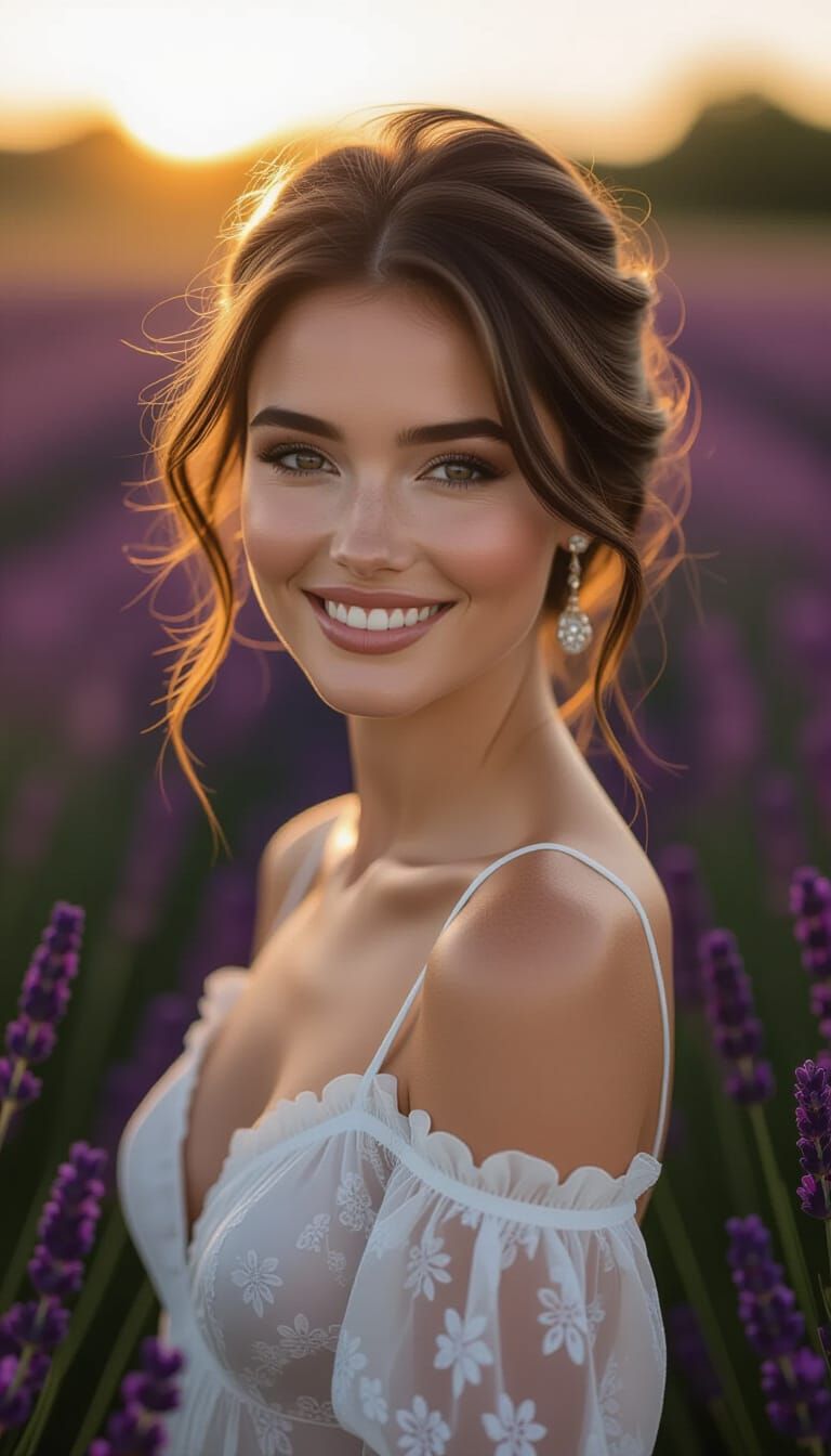 Radiant Woman in Lavender Field at Sunset: Hyper-Realistic P...