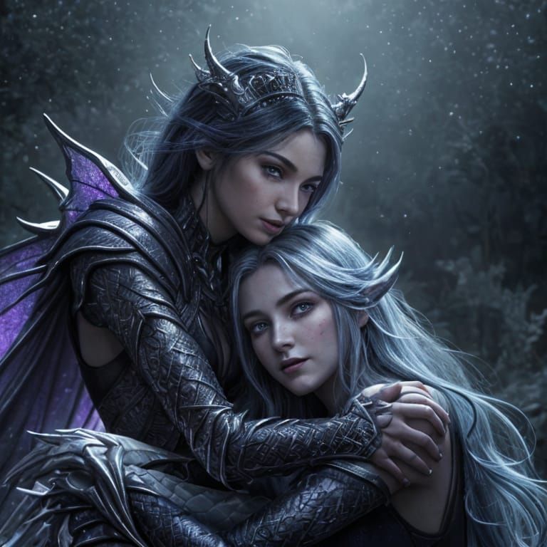 Silver Dragon and Fairy Hug: Hyperrealistic Concept Art