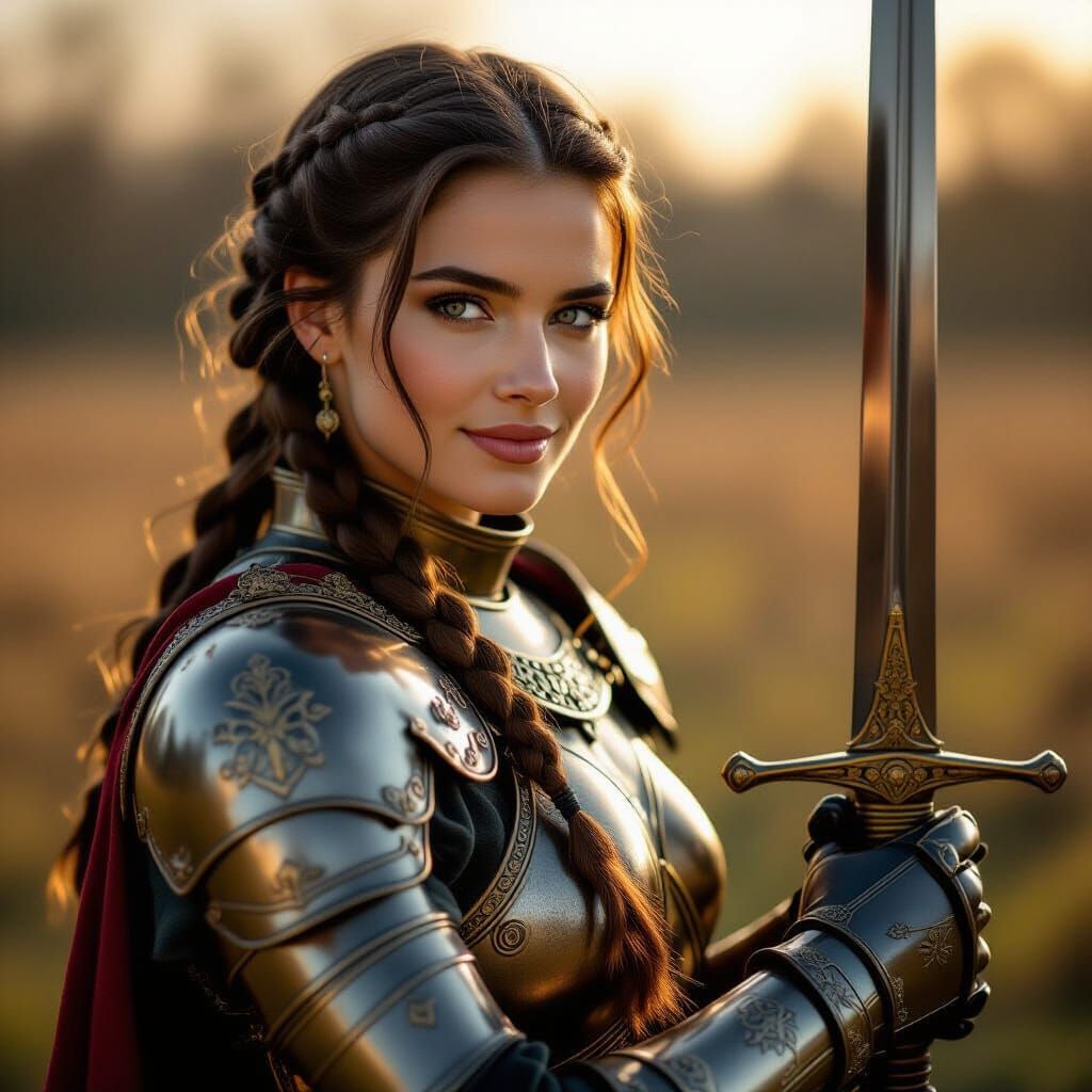 Beautiful Medieval Warrior Woman in Golden Hour Light