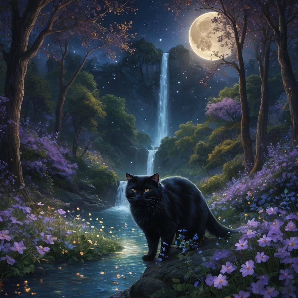 Mystical Black Cat in Enchanted Forest: 8K Fantasy Art