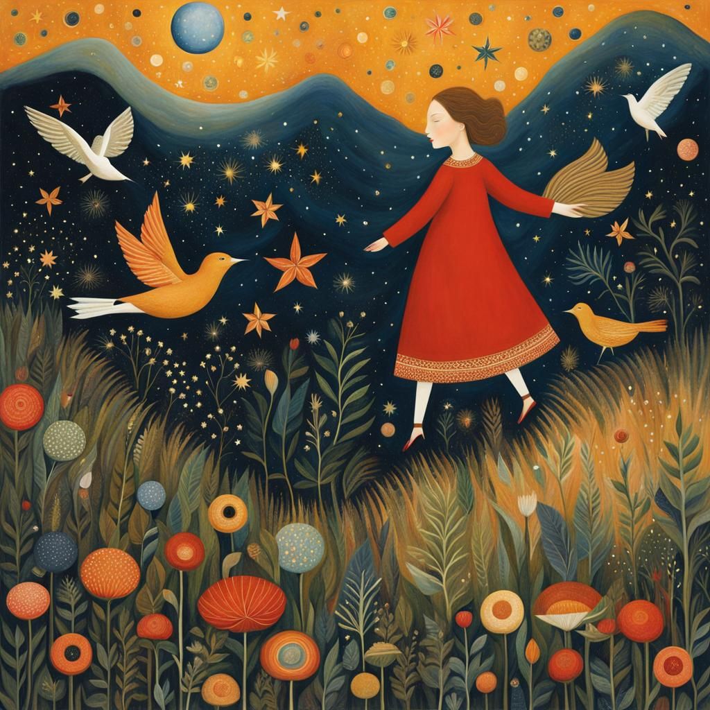 Ethereal Girl in Galaxy of Dreams: Whimsical Illustration