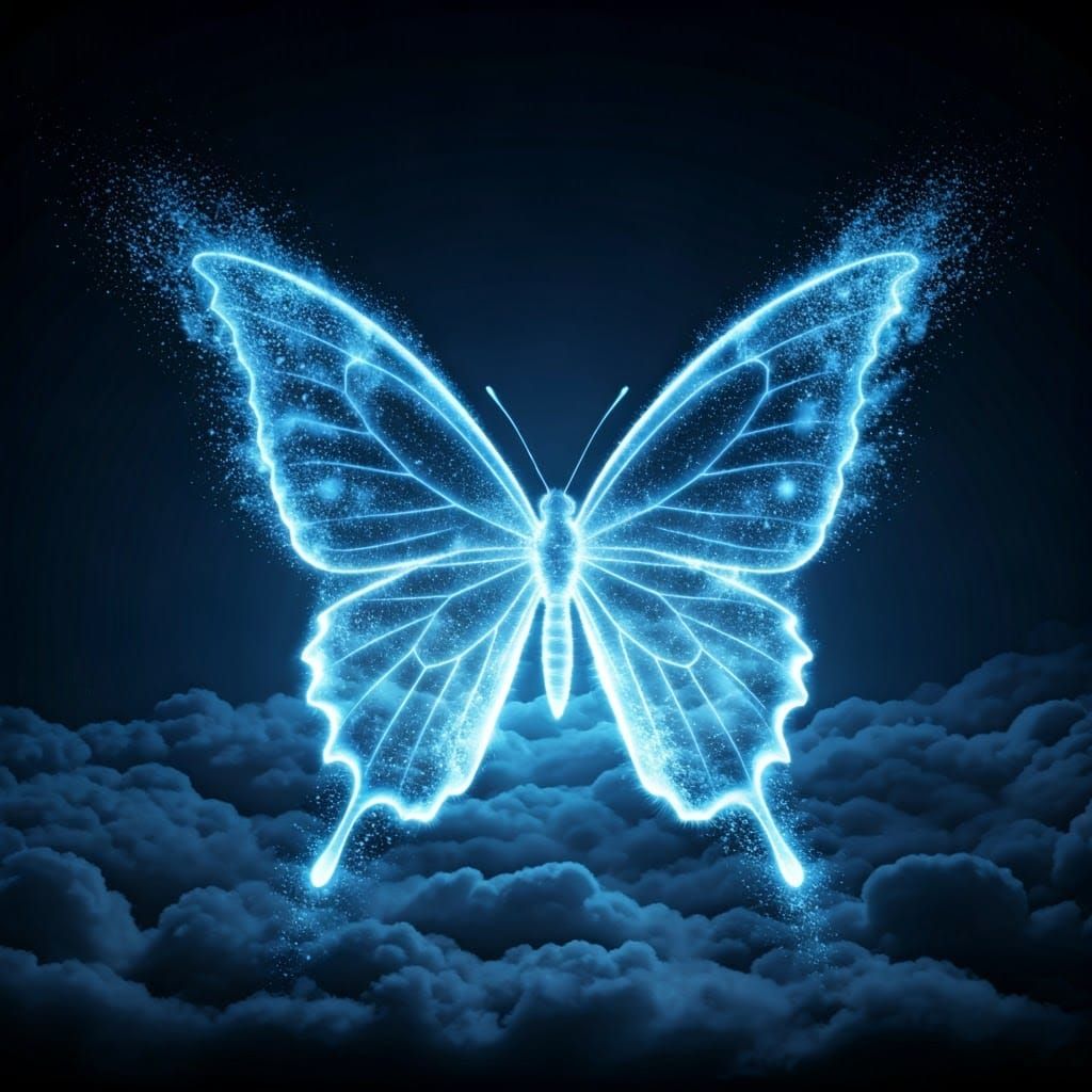 Blue Smoke Butterfly Silhouette Above the Clouds