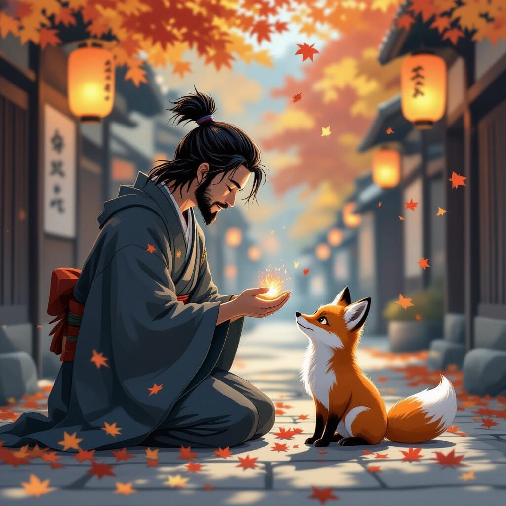Samurai Offers Cloak to Fox Spirit in Autumn