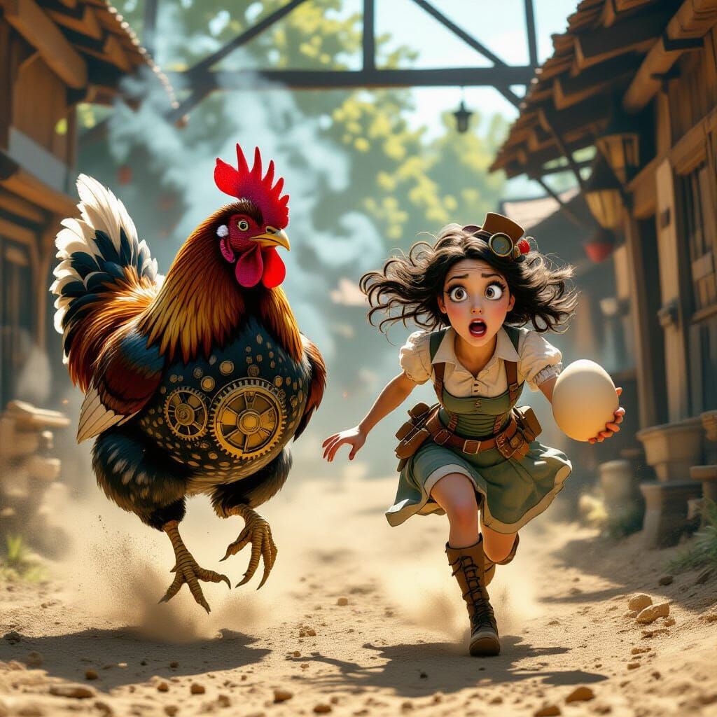 Woman Flees Giant Steampunk Chicken with Egg