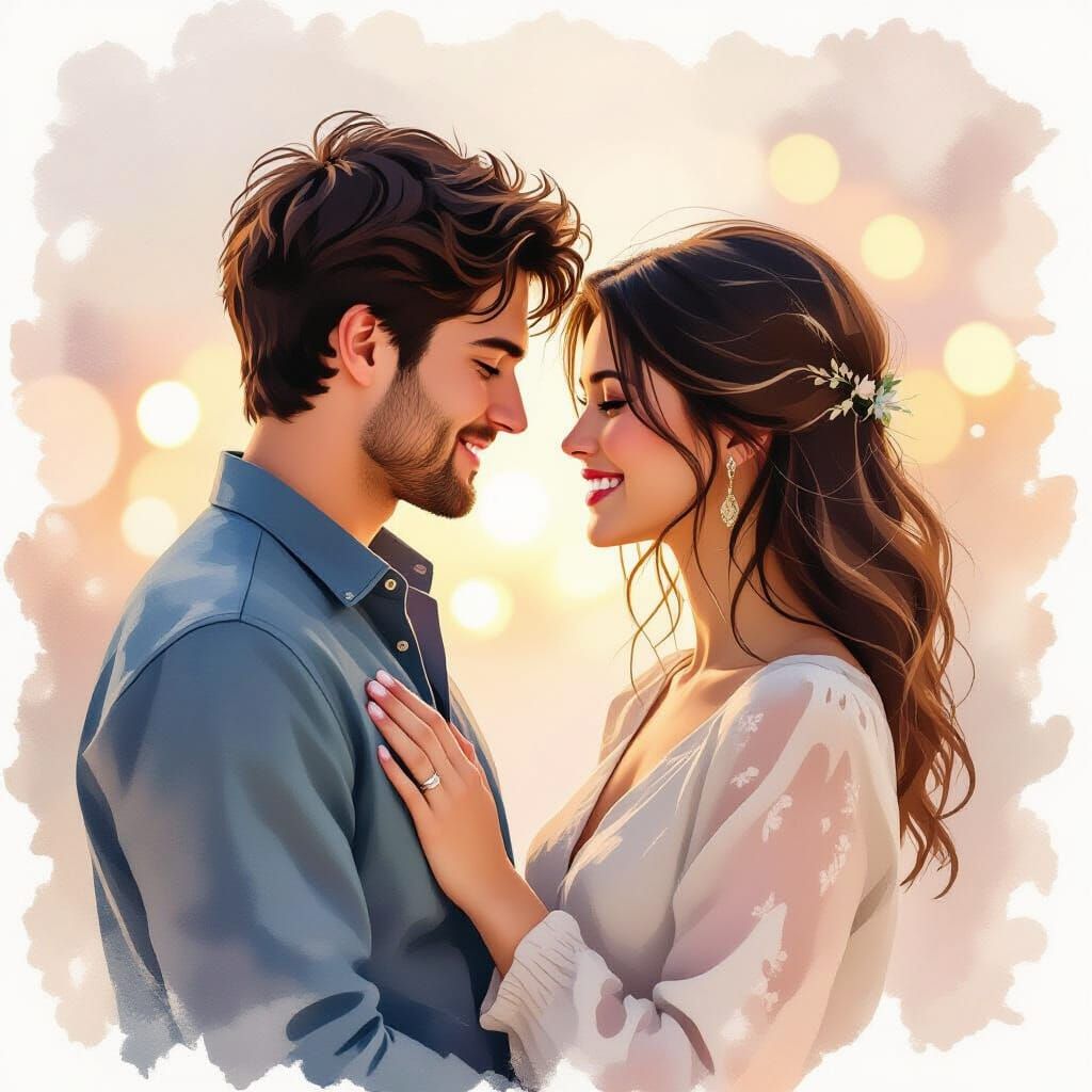 Romantic Couple's Whirlwind Encounter in Watercolor Style