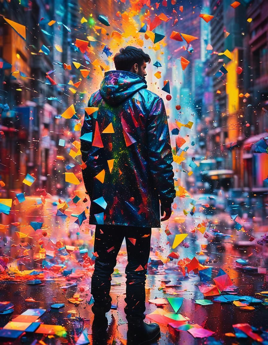 Kaleidoscopic Man in Futuristic Cityscape