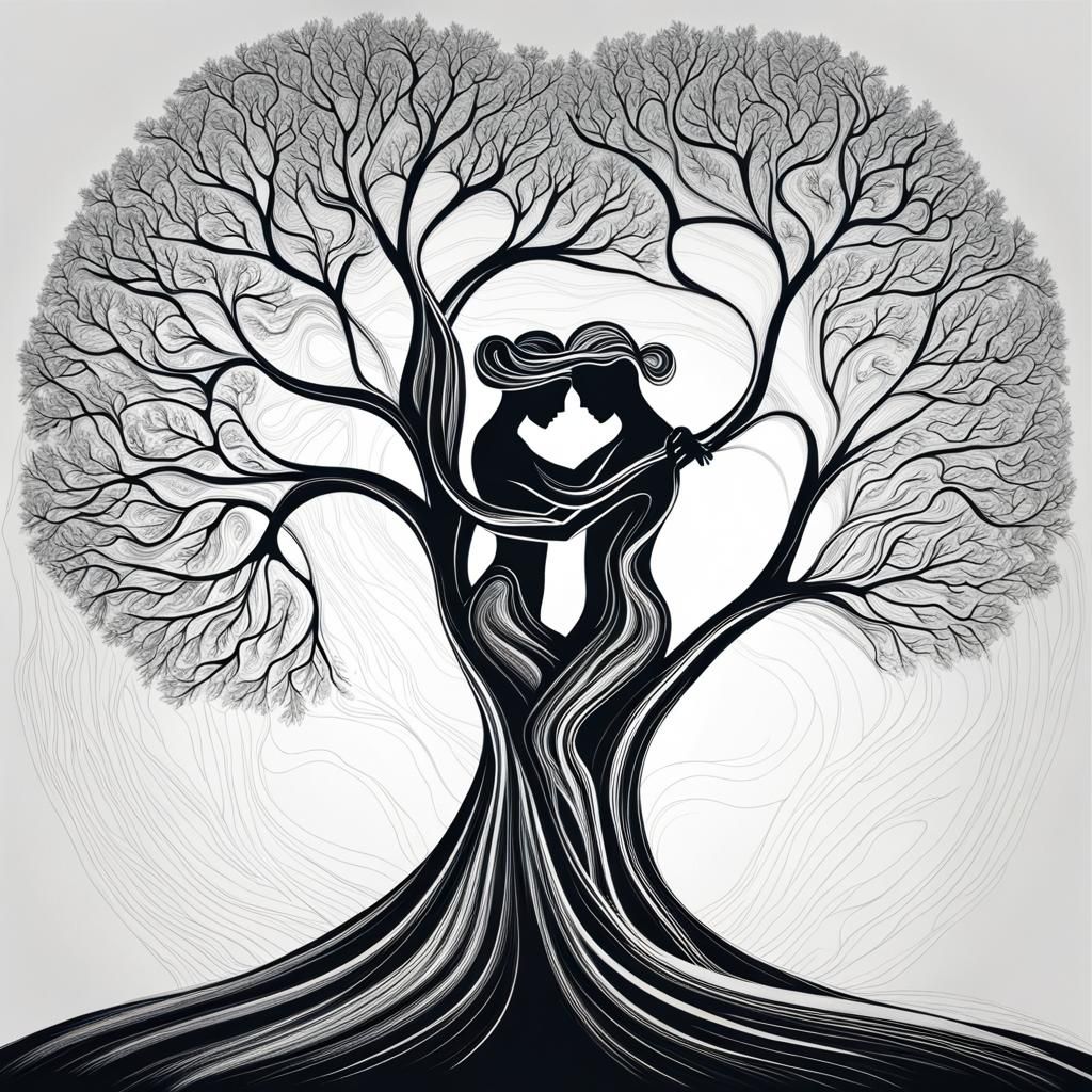 Abstract Tree Hugging Couple Outline in Fine Detail