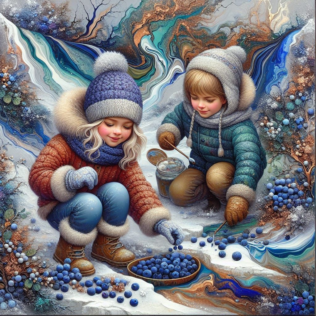 Children Picking Blueberries in Fluid Acrylic Landscape