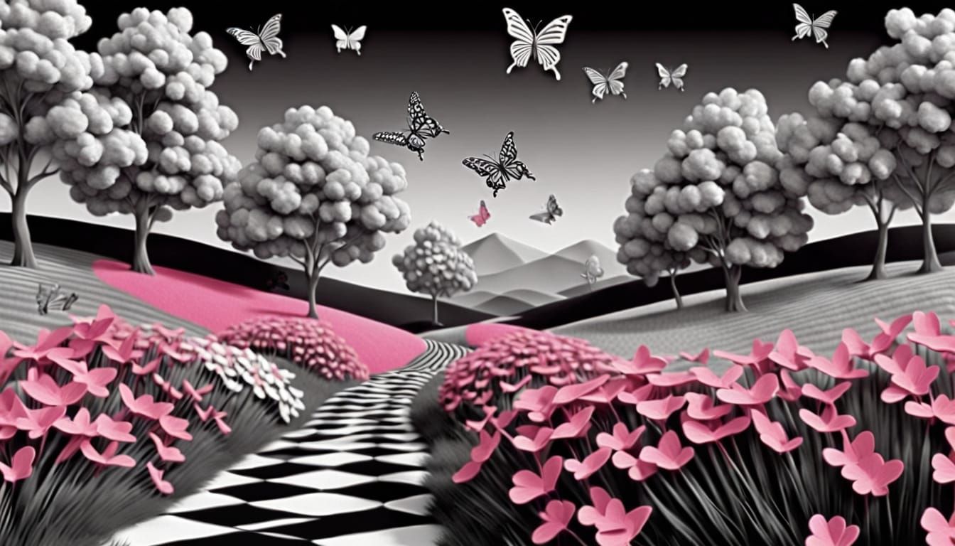 Whimsical Gingham Butterflies Dance in a Black and White Lan...