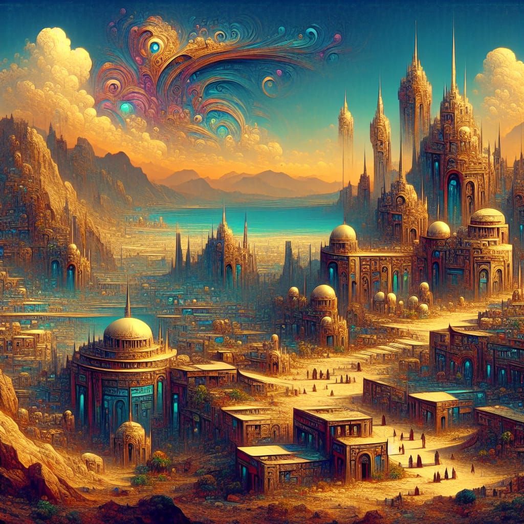 Retro-Futuristic Desert Cityscape in Detailed Matte Painting