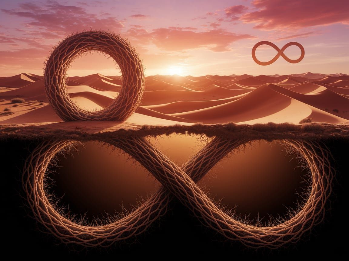 Surreal Desert Landscape with Infinity Symbol and Number 8