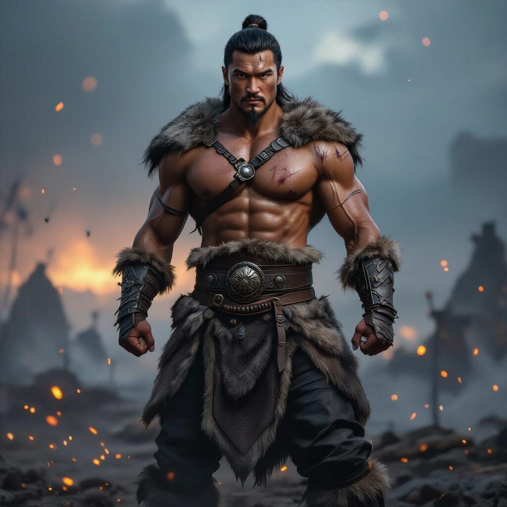 Muscular Mongolian Warrior on Smoky Battlefield