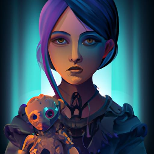 Morbid Gothic Girl with Doll in Art Nouveau Style
