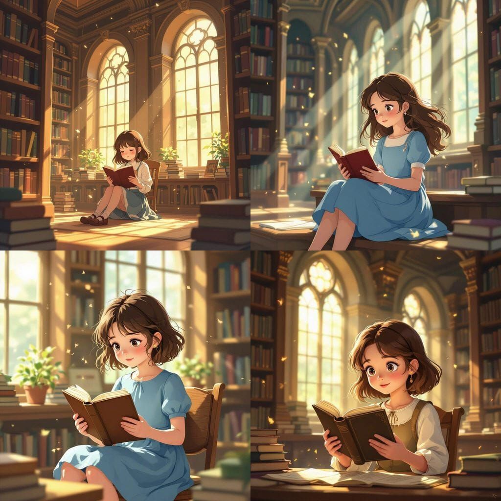 Young Girl Reads Book in Library, Studio Ghibli Inspired Dra...