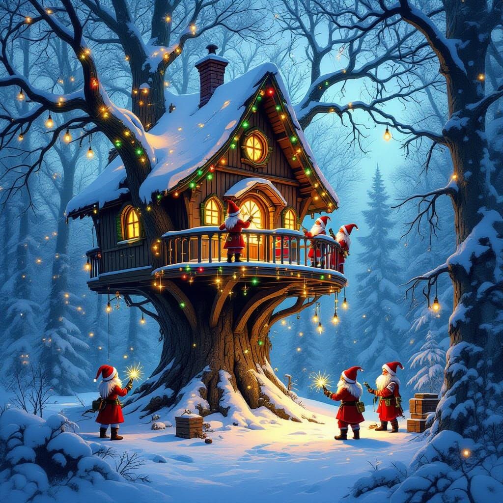 Whimsical Cyberpunk Treehouse in Snowy Forest with Glowing L...