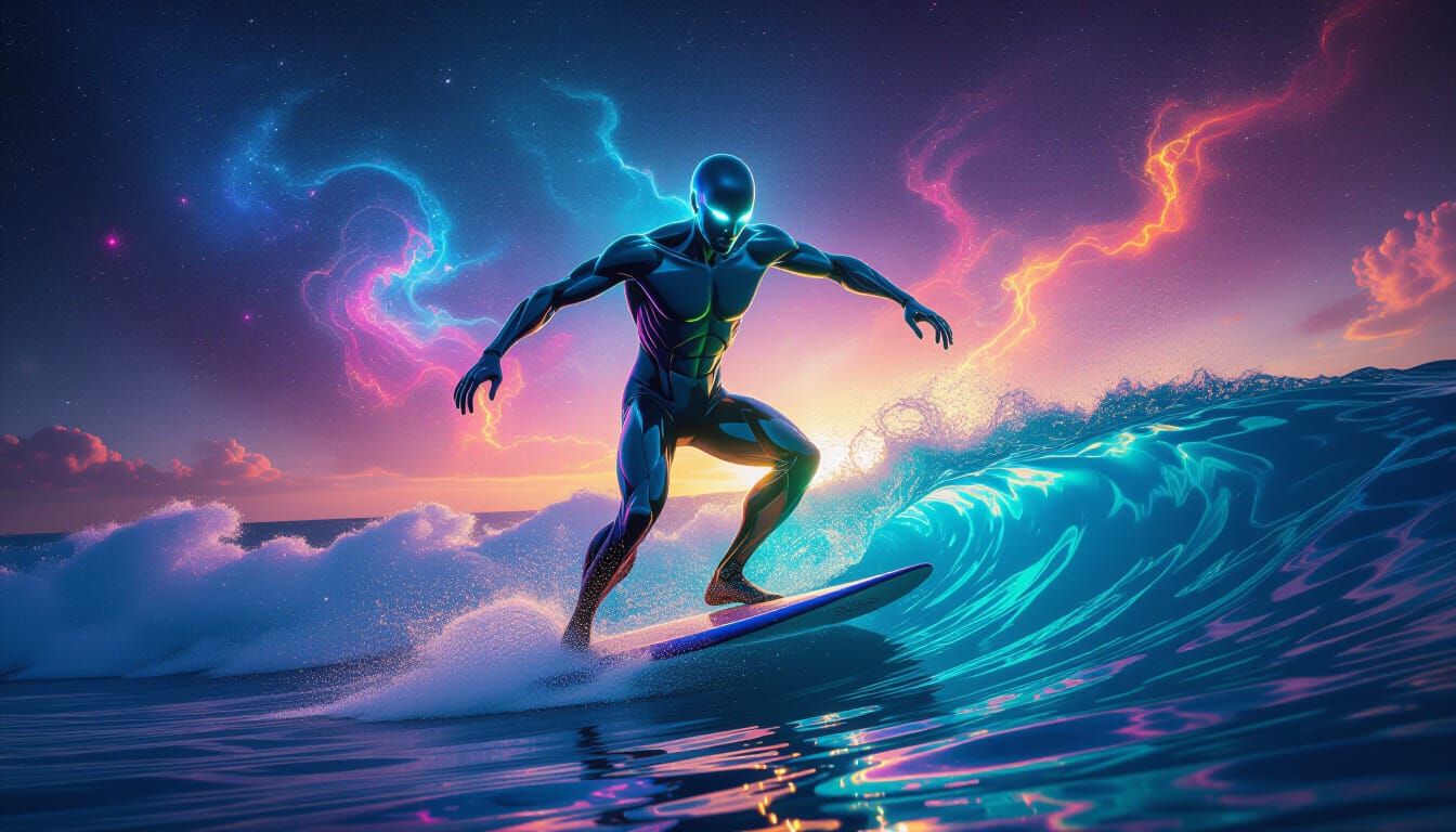 Cosmic Surfer in Fractal Iridescence