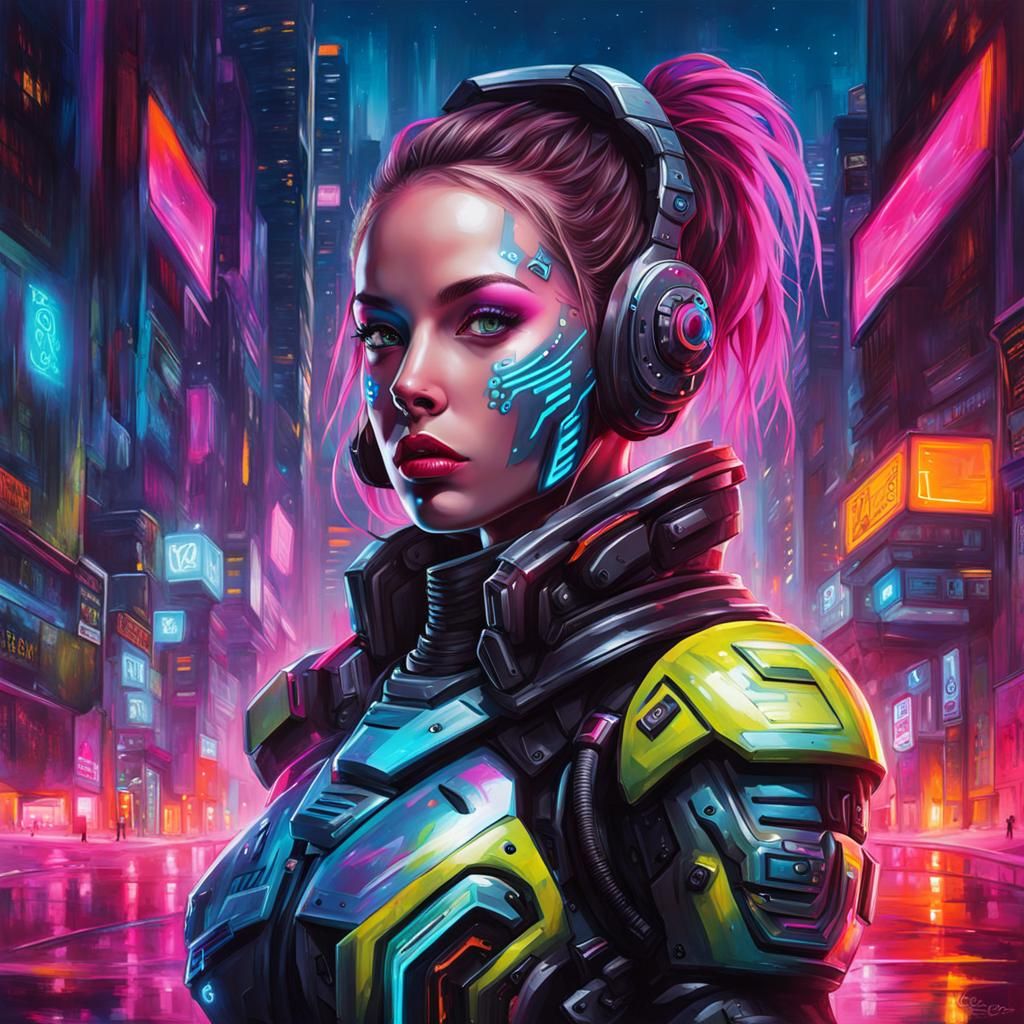 Cyborg Girl in Neon City: Graffiti Art Style