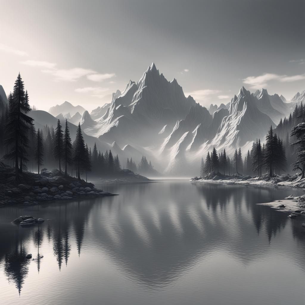 Monochrome Lake and Mountain Landscape in Matte Painting Sty...
