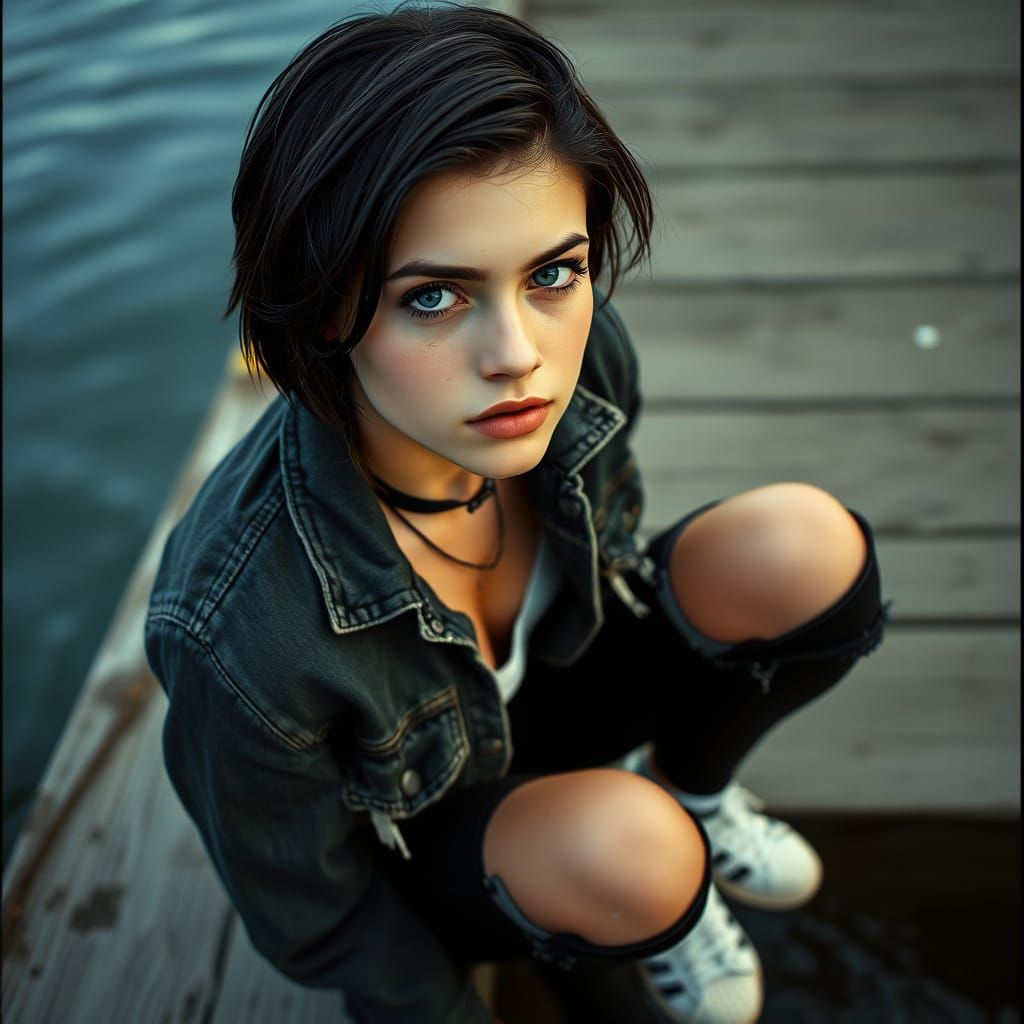 Young Woman on Dock in Cinematic Film Still