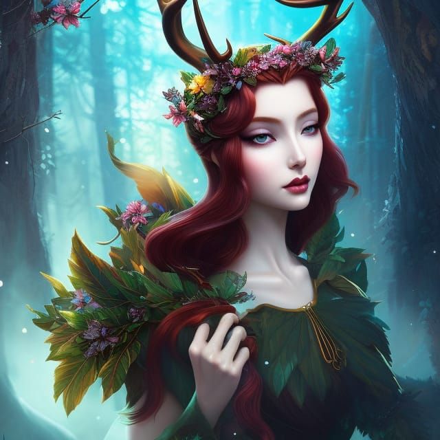 Ginger Deer Fairy with Antlers, Digital Art
