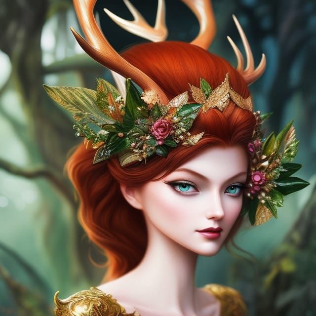 Ginger Deer Fairy with Antlers: Digital Art