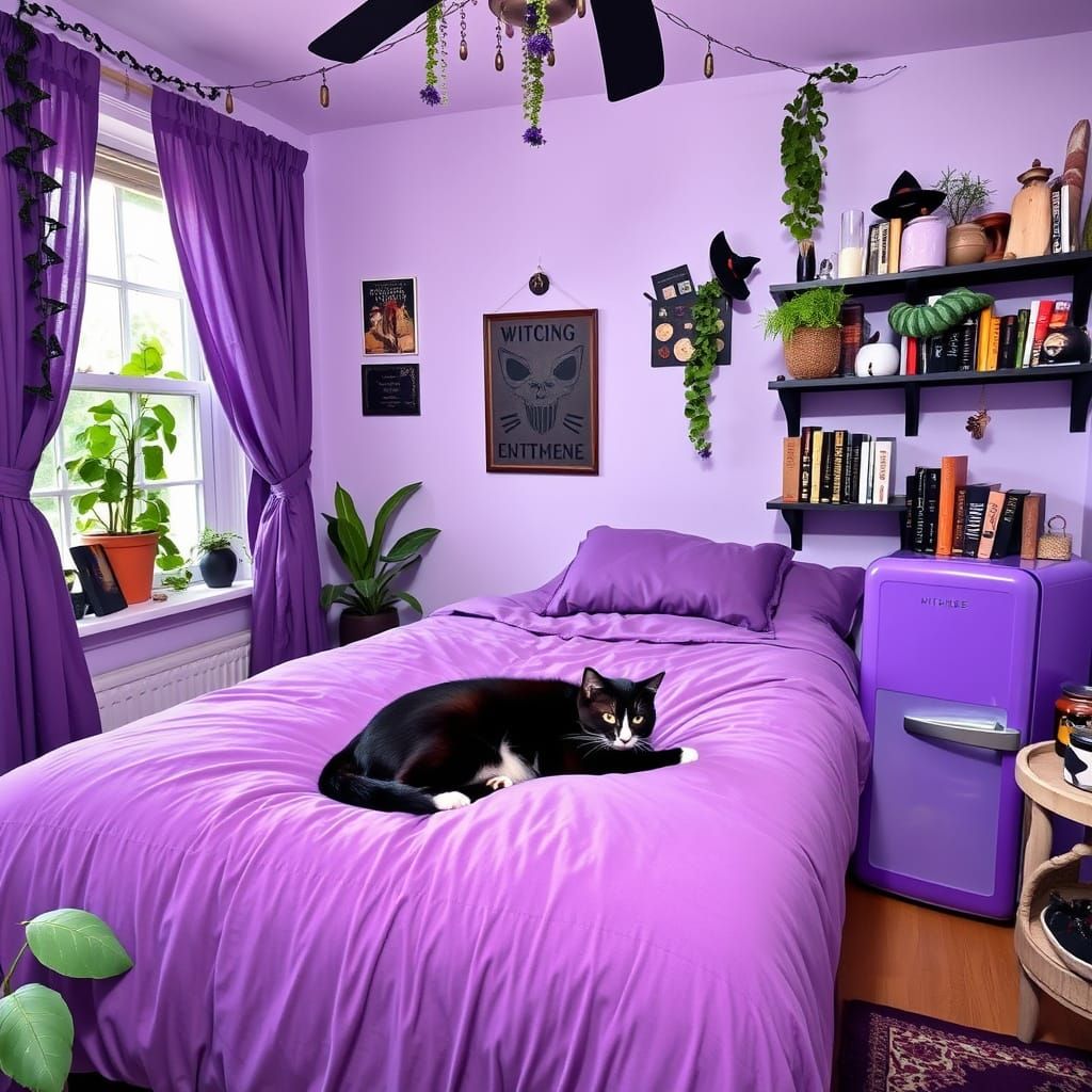 Cozy Witchy Bedroom with Tuxedo Cat
